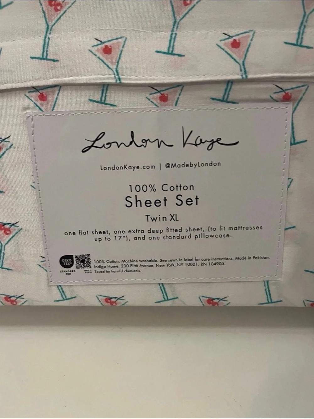 London Kaye Twin XL Size Cotton Sheet Set Martini Glasses Print White Pink Green